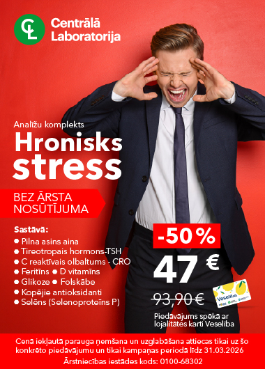 Vīrietis ar sāpem galvā  ar Centrālās laboratorijas logo