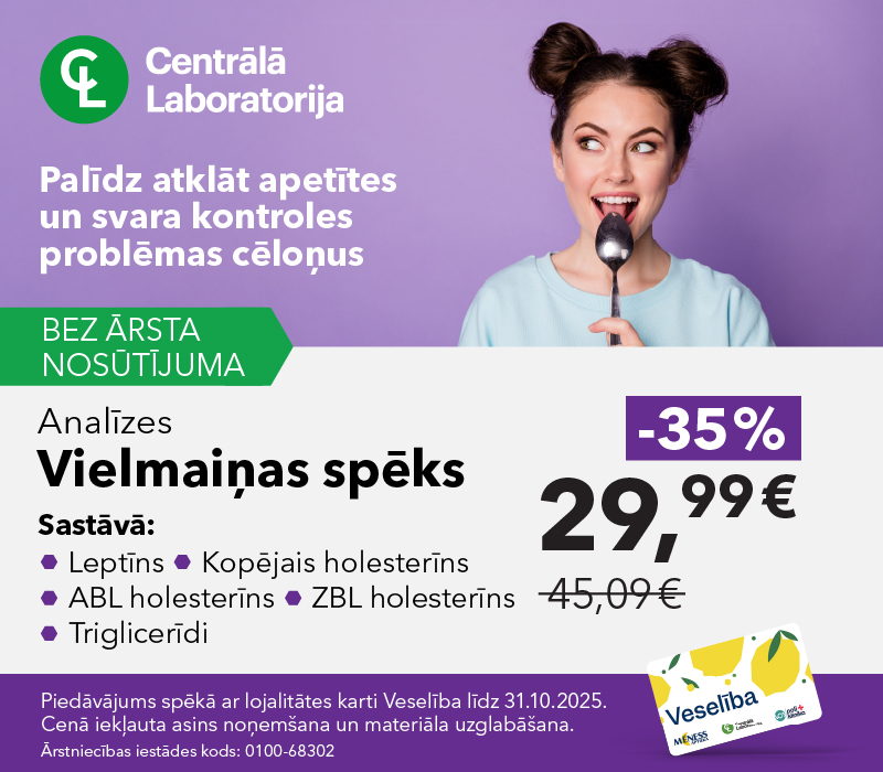 Vielmaiņas spēks - Centrālās laboratorijas logo un smaidīga sieviete ar karoti mutē