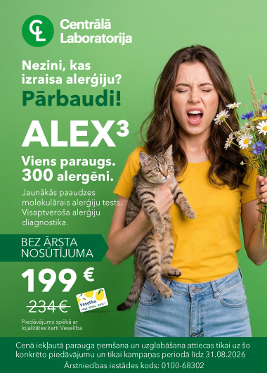 Vīrietis ar sāpem galvā  ar Centrālās laboratorijas logo